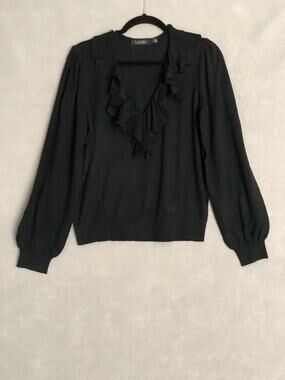 Lauren Ralph Lauren V-Neck Top Women's XS Cotton Blend Ruffle Black NEW